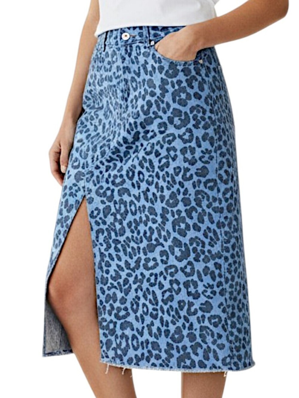 Blue Leopard Print High-Waist Skirt with Front Slit Size M NWOT